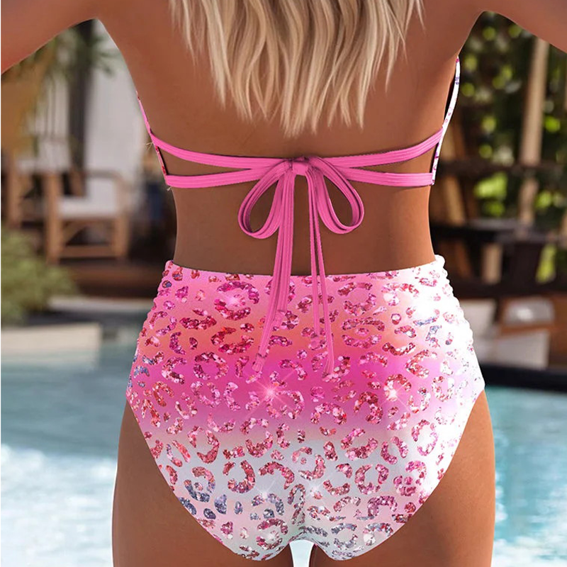 🌊👋Set bikini cu talie înaltă și imprimeu leopard în degrade👙-6