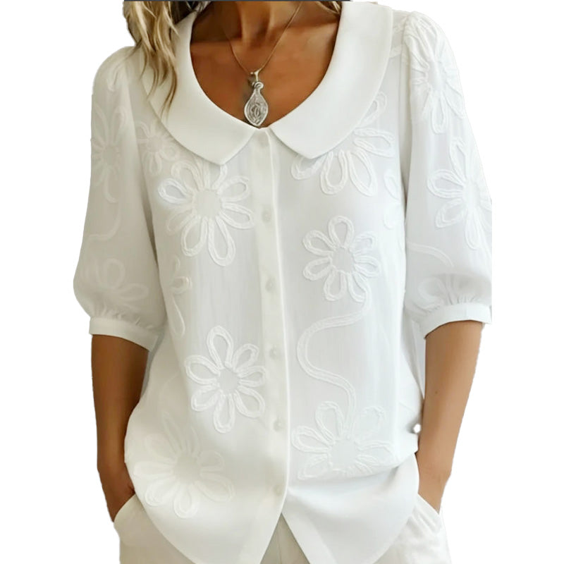 ✨Cămașă cu guler retro și broderie florală-1