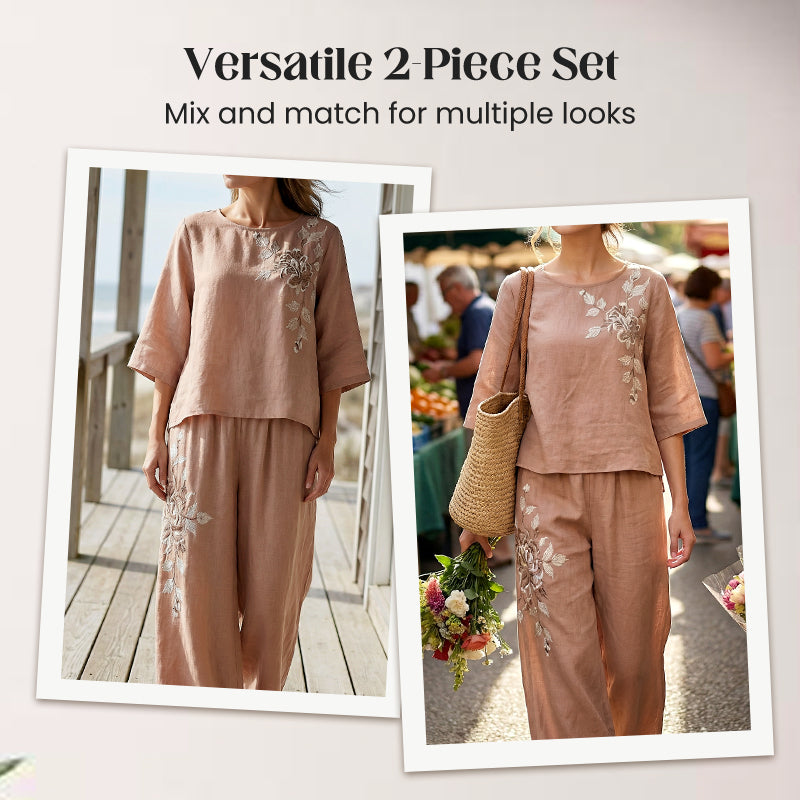 Set din două piese din bumbac și in, brodat, în stil vintage-11