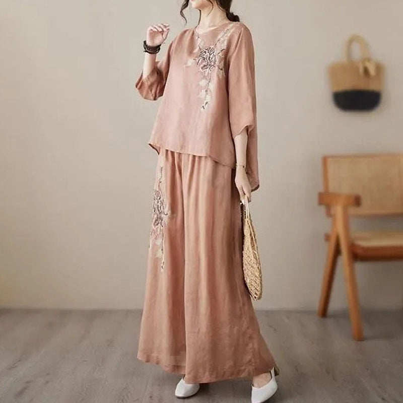 Set din două piese din bumbac și in, brodat, în stil vintage-5