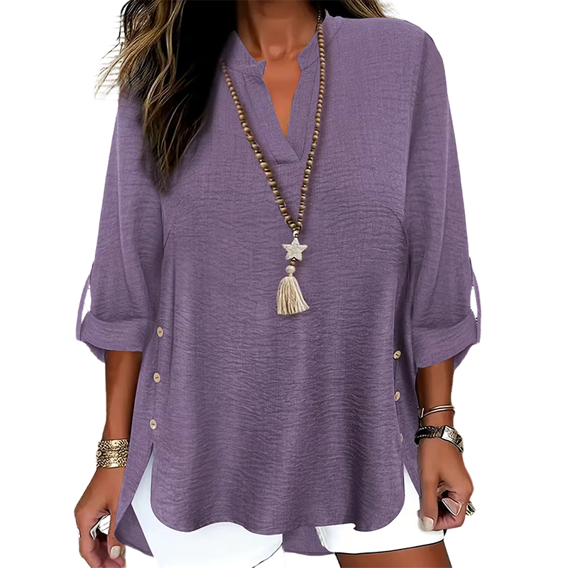 Casual Solid Color Button Side Slit Top-16