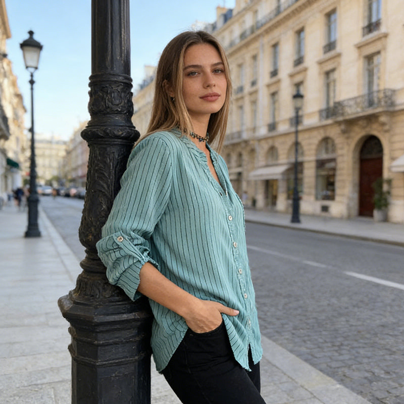 👚Cămașă cu guler în V și dungi, cu nasturi, pentru femei-6