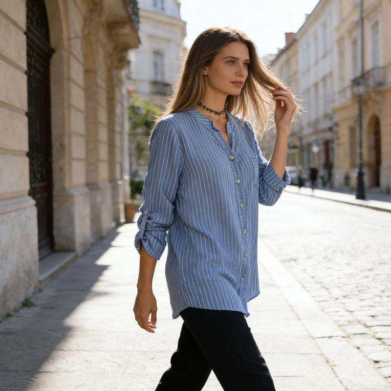 👚Cămașă cu guler în V și dungi, cu nasturi, pentru femei-9