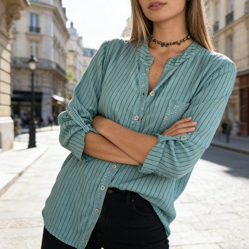 👚Cămașă cu guler în V și dungi, cu nasturi, pentru femei-8