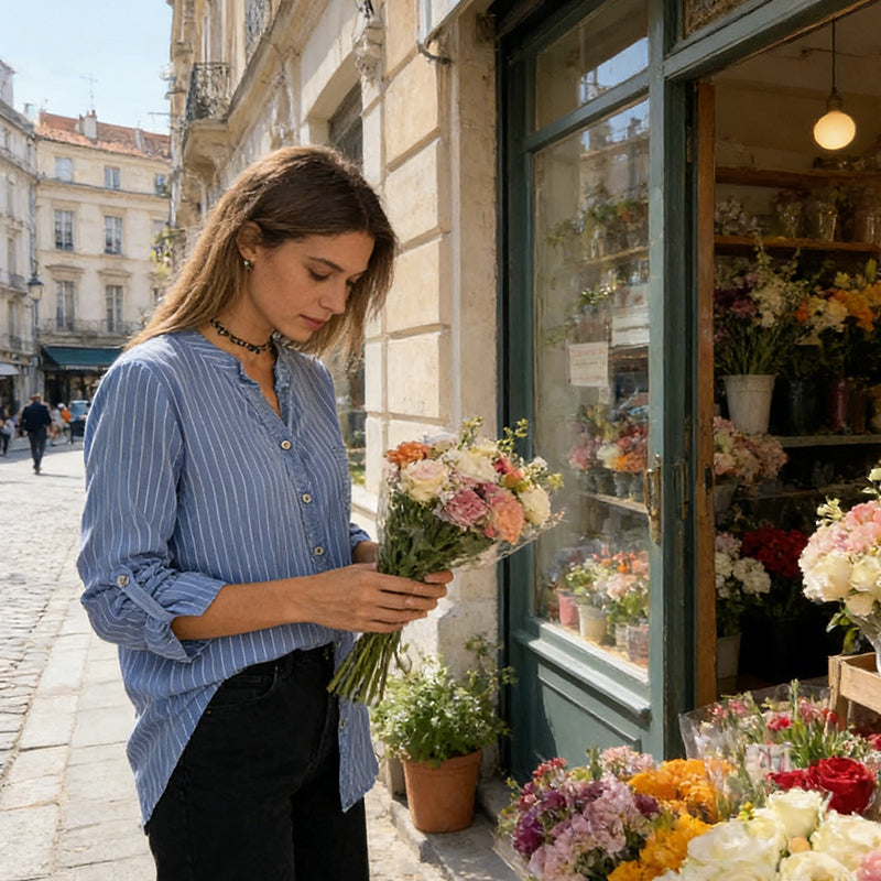 👚Cămașă cu guler în V și dungi, cu nasturi, pentru femei-10