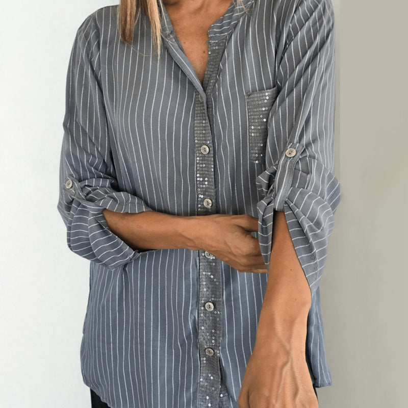 👚Cămașă cu guler în V și dungi, cu nasturi, pentru femei-5