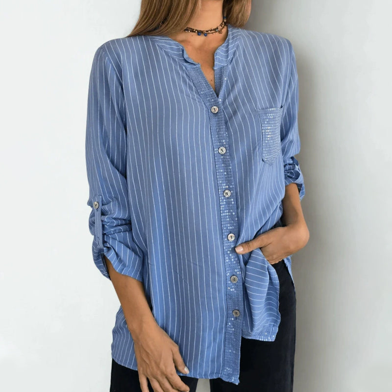 👚Cămașă cu guler în V și dungi, cu nasturi, pentru femei-1