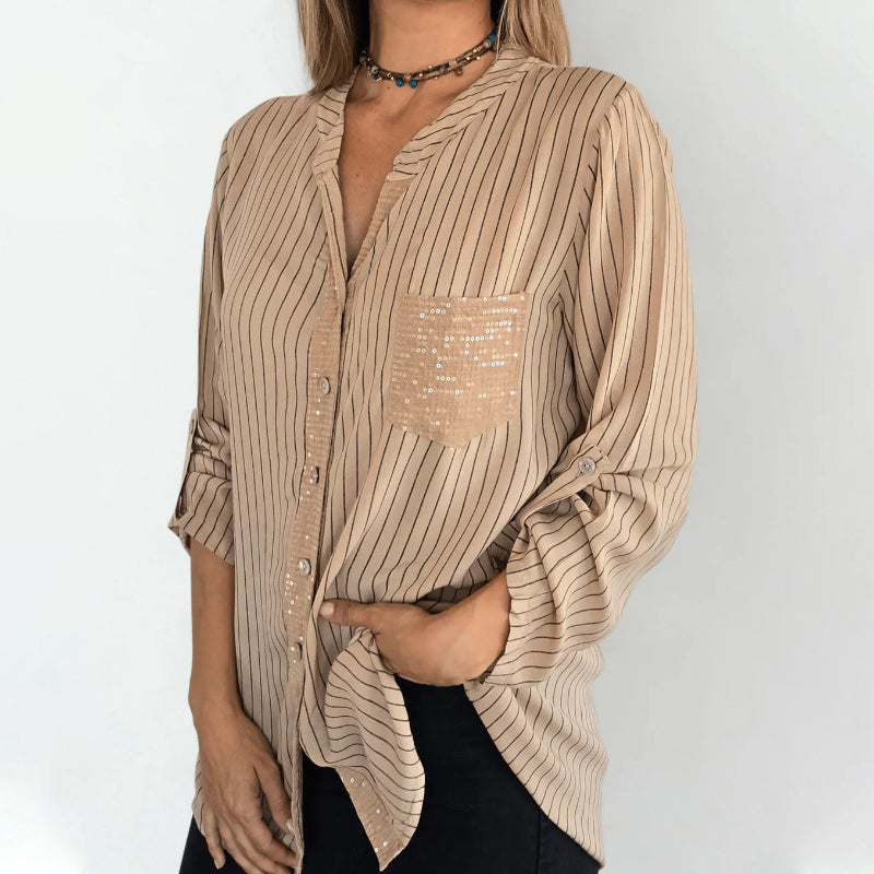 👚Cămașă cu guler în V și dungi, cu nasturi, pentru femei-3