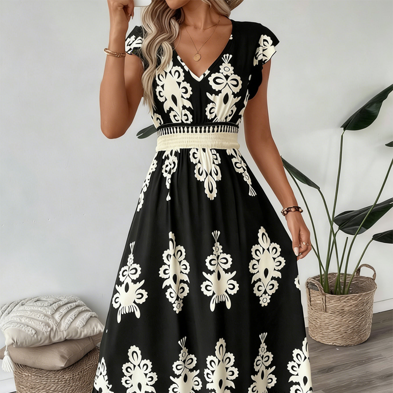 🎁Noutate cu 50% reducere💥Rochie maxi vaporoasă pentru femei, cu decolteu în V și imprimeu baroc-11