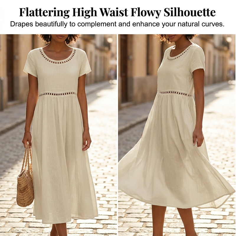 🏖️🌊Rochie casual de vară din dantelă, cu guler rotund🌬️👗-8