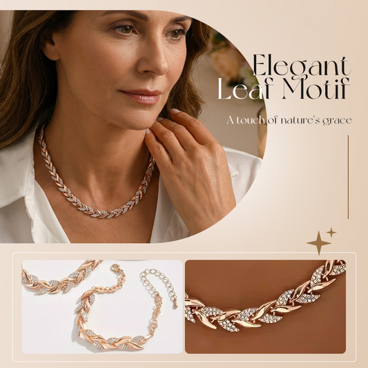 ✨Súprava nastaviteľného náhrdelníka a náramku s lístkovými článkami zdobenými kamienkami