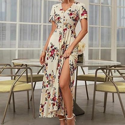 Dámske voľné šaty s výstrihom do V a kvetinovým vzorom