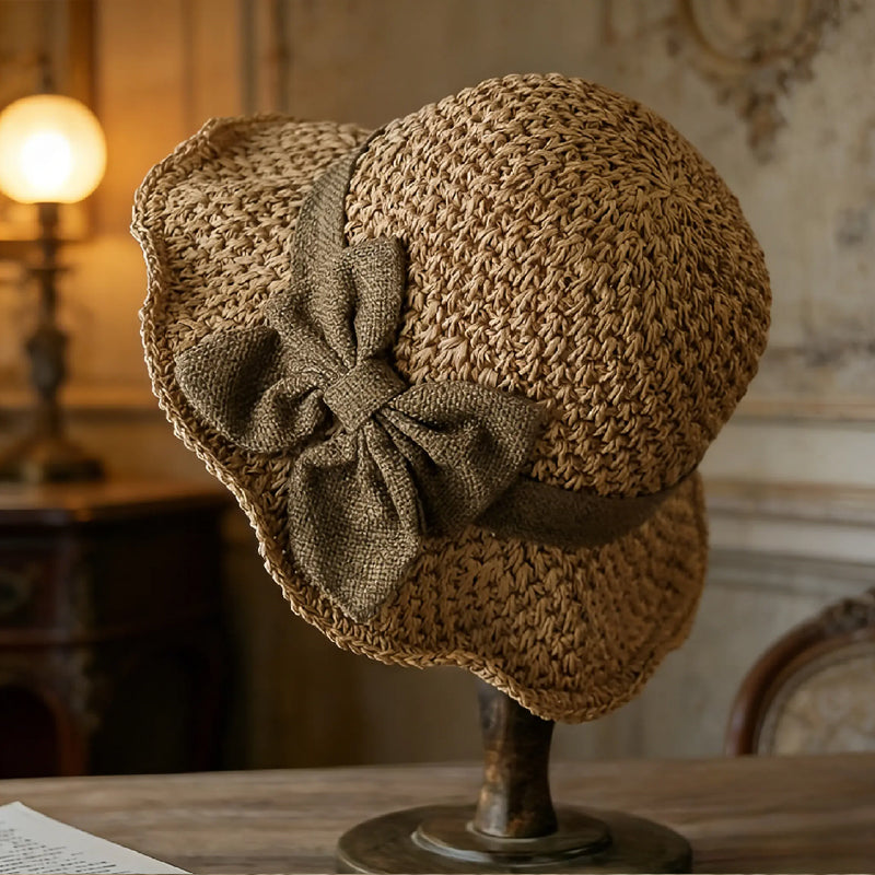 🏖️👒 Pălărie elegantă din paie țesută, cu fundă-1