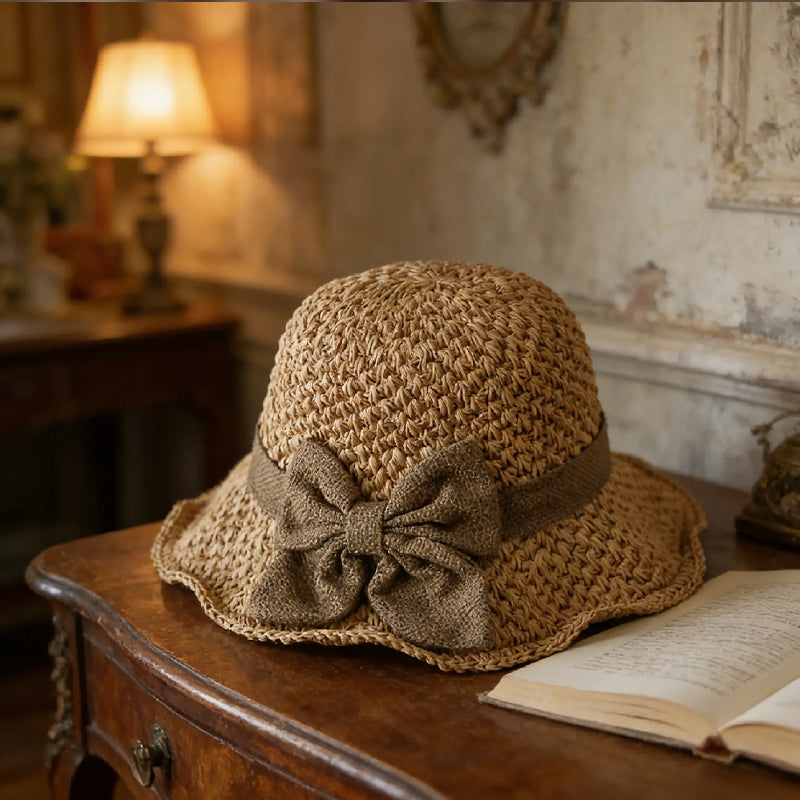 🏖️👒 Pălărie elegantă din paie țesută, cu fundă-4
