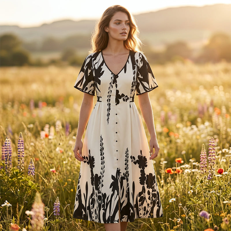 🌹🦋Rochie midi elegantă cu decolteu în V și imprimeu botanic✨-1