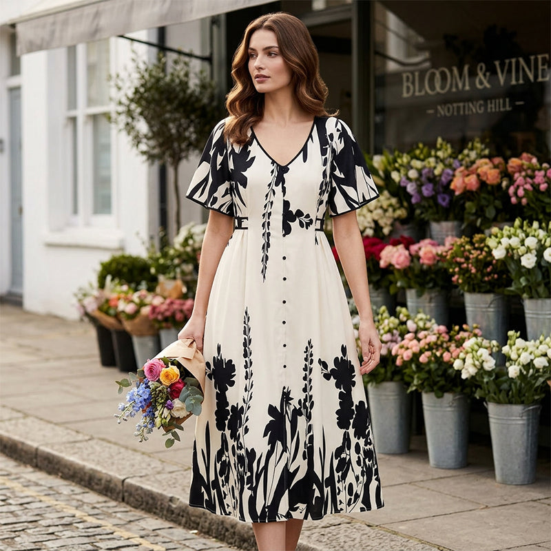 🌹🦋Rochie midi elegantă cu decolteu în V și imprimeu botanic✨-2