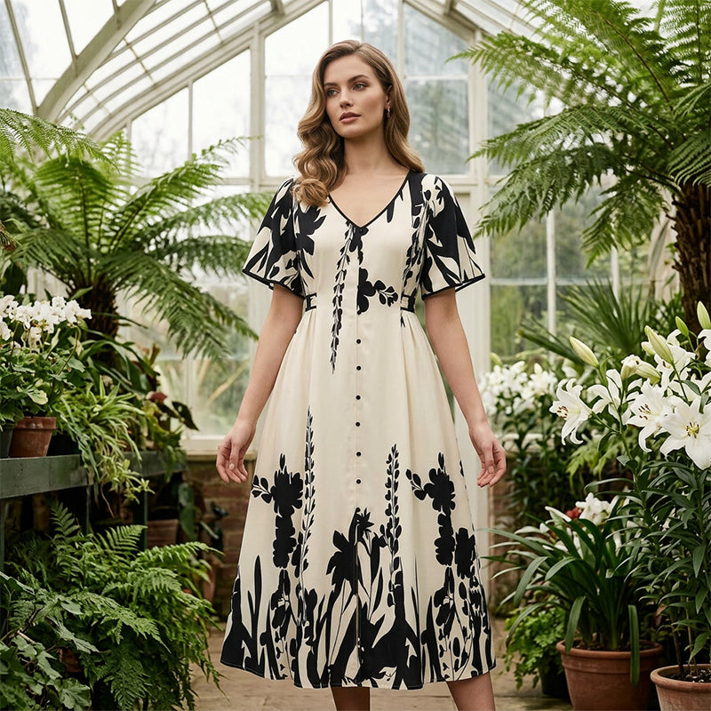 🌹🦋Rochie midi elegantă cu decolteu în V și imprimeu botanic✨-3
