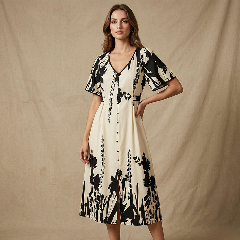 🌹🦋Rochie midi elegantă cu decolteu în V și imprimeu botanic✨-5