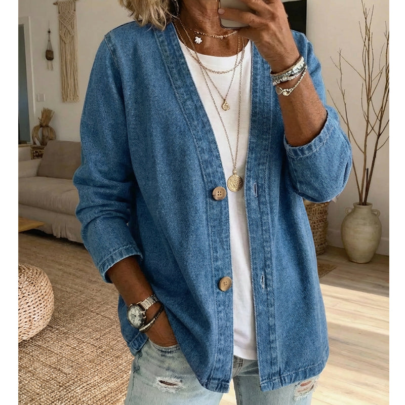 🎁Ofertă exclusivă: 50% reducere💝Jachetă clasică din denim pentru femei, cu nasturi în față💓-9