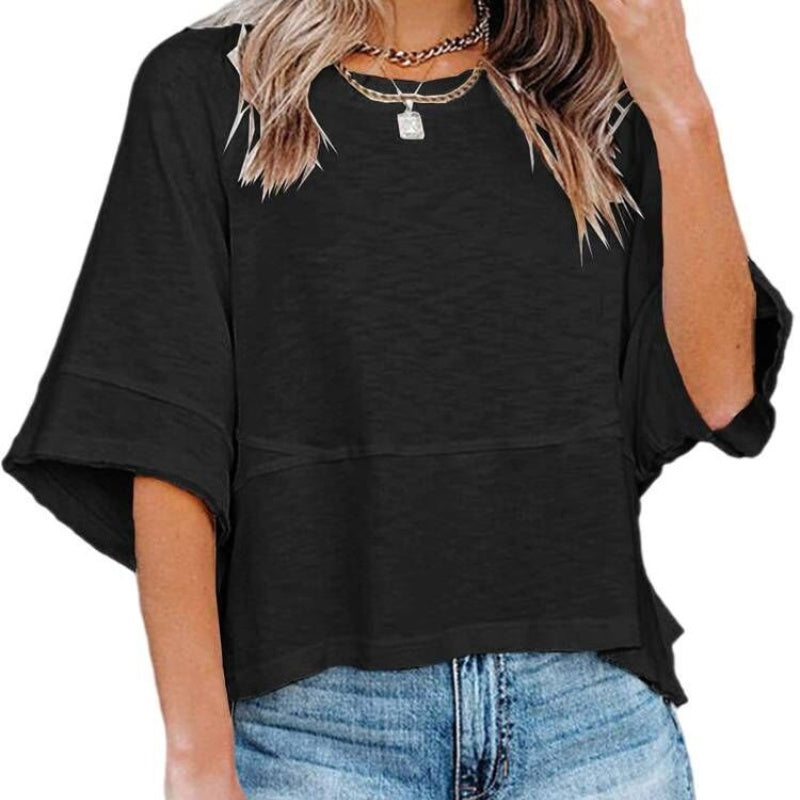 👚50% REDUCERE!💕Tricou pentru femei, cu mâneci evazate în cinci puncte, croi lejer, în culori uni-1