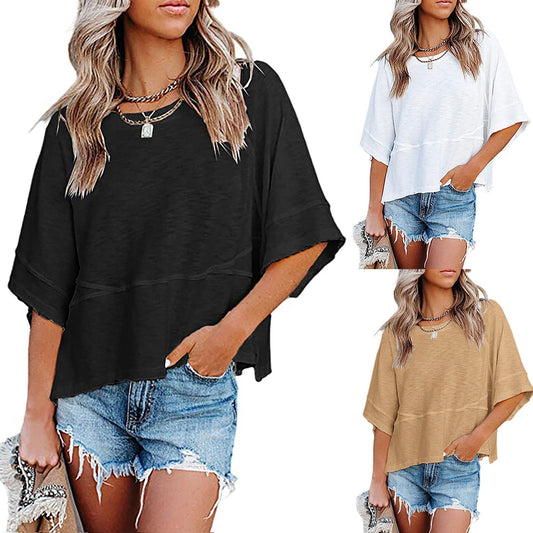 👚50% REDUCERE!💕Tricou pentru femei, cu mâneci evazate în cinci puncte, croi lejer, în culori uni