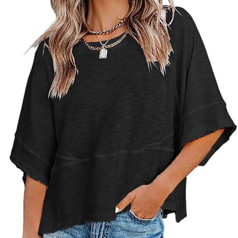 👚50% REDUCERE!💕Tricou pentru femei, cu mâneci evazate în cinci puncte, croi lejer, în culori uni-5