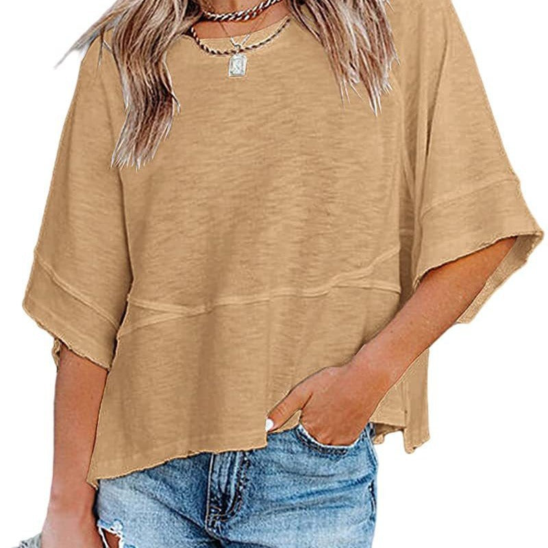 👚50% REDUCERE!💕Tricou pentru femei, cu mâneci evazate în cinci puncte, croi lejer, în culori uni-6