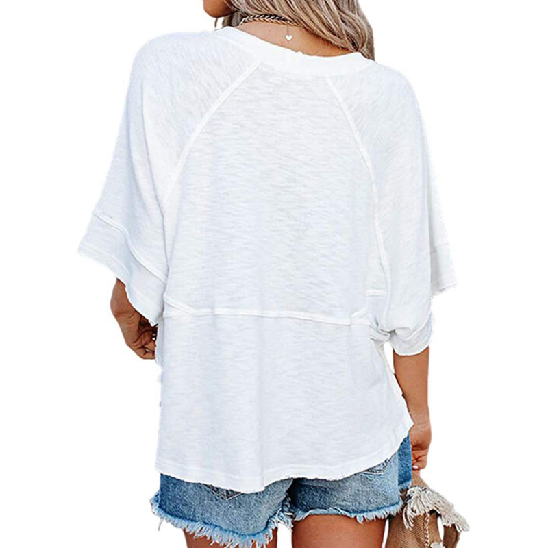 👚50% REDUCERE!💕Tricou pentru femei, cu mâneci evazate în cinci puncte, croi lejer, în culori uni-4