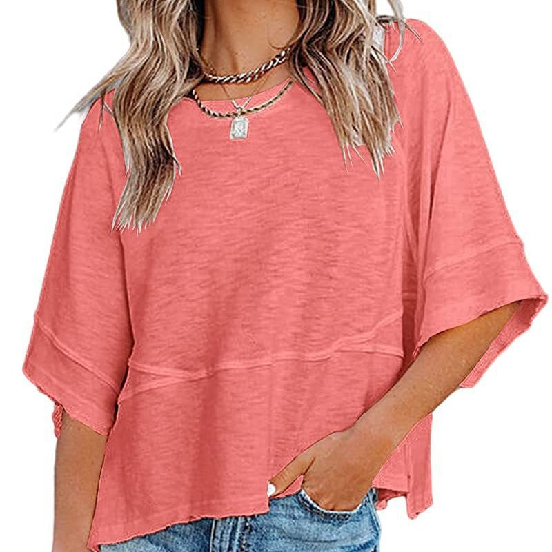 👚50% REDUCERE!💕Tricou pentru femei, cu mâneci evazate în cinci puncte, croi lejer, în culori uni-8