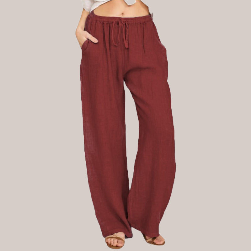 Pantaloni largi de vară din bumbac și in pentru femei-3