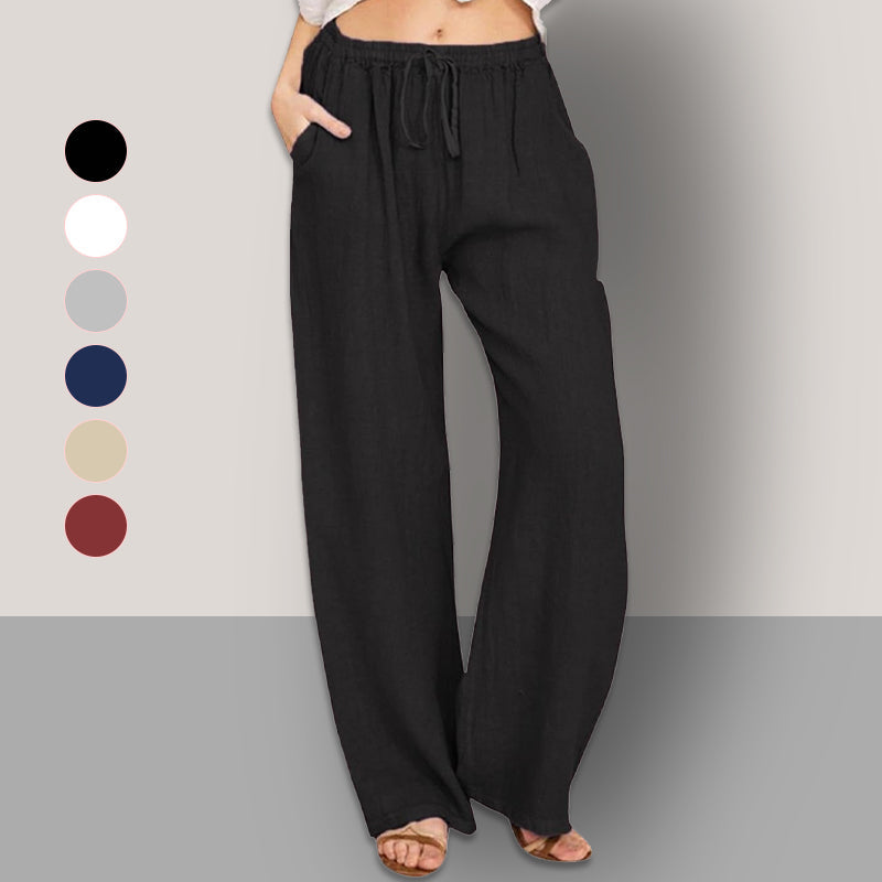 Pantaloni largi de vară din bumbac și in pentru femei-2