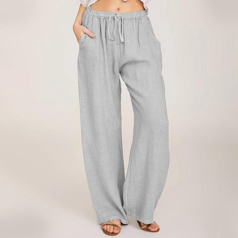 Pantaloni largi de vară din bumbac și in pentru femei-4