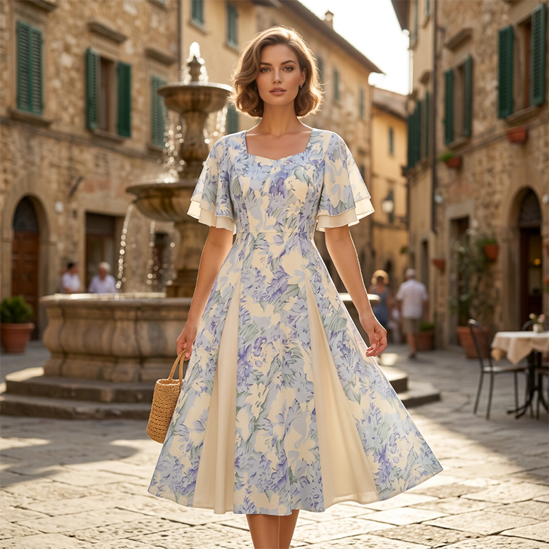 🌷Ofertă limitată în timp👗Rochie cu mâneci cu volane și croi evazat, cu un aspect eteric-4