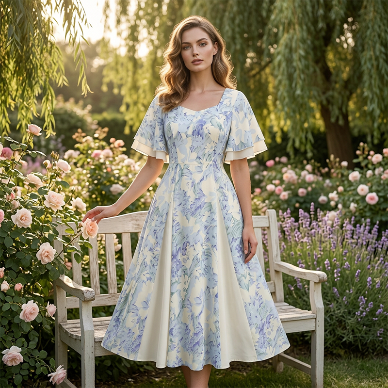 🌷Ofertă limitată în timp👗Rochie cu mâneci cu volane și croi evazat, cu un aspect eteric