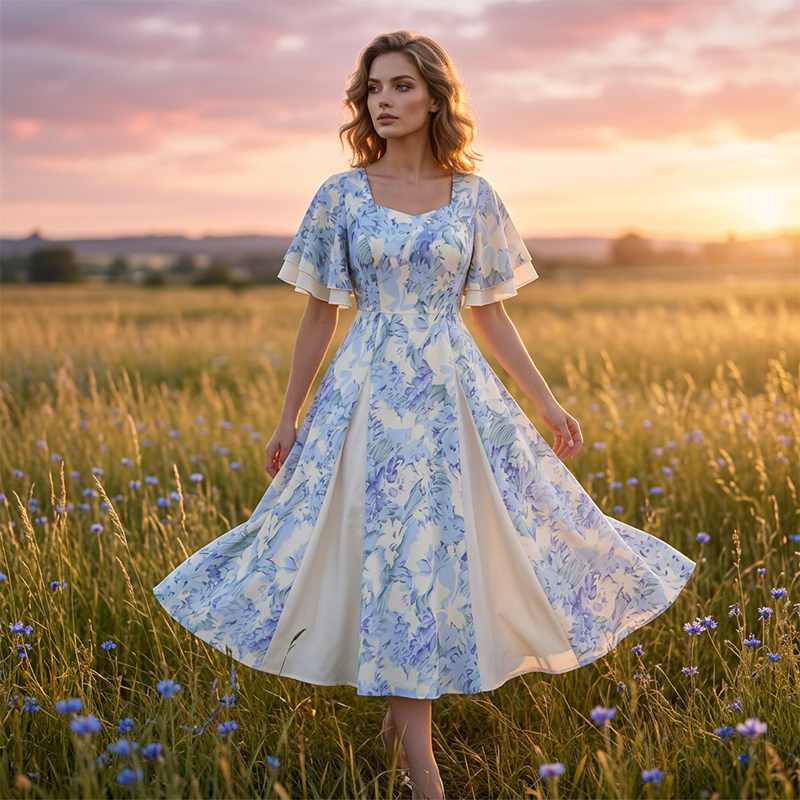 🌷Ofertă limitată în timp👗Rochie cu mâneci cu volane și croi evazat, cu un aspect eteric-8