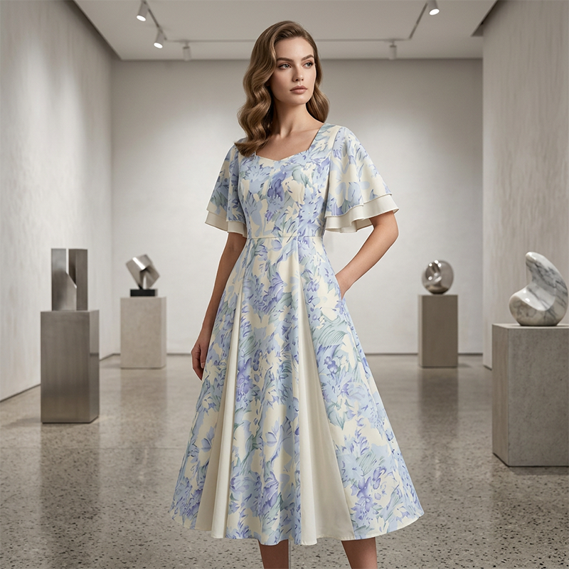 🌷Ofertă limitată în timp👗Rochie cu mâneci cu volane și croi evazat, cu un aspect eteric-10