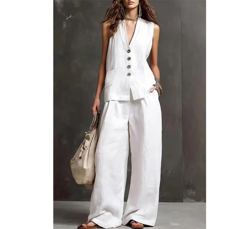 Set din bumbac și in pentru femei: maiou fără mâneci și pantaloni lungi-1