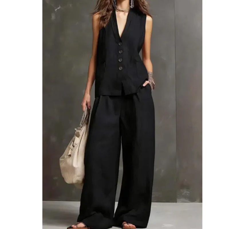 Set din bumbac și in pentru femei: maiou fără mâneci și pantaloni lungi-7