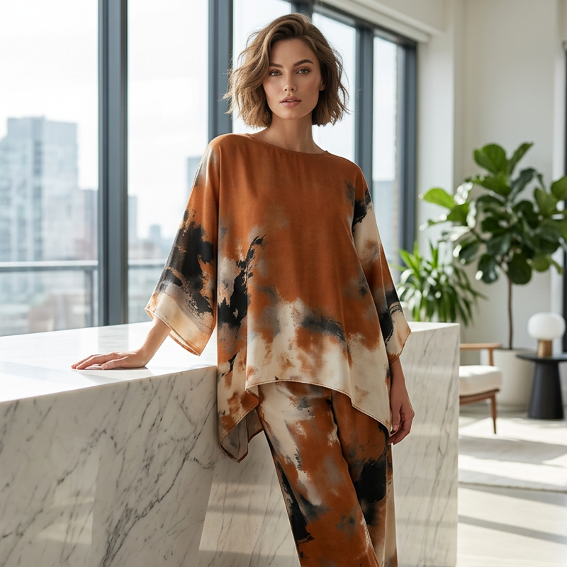 Set Pantaloni și Top cu Imprimat Abstract și Tăietură Evazată-4