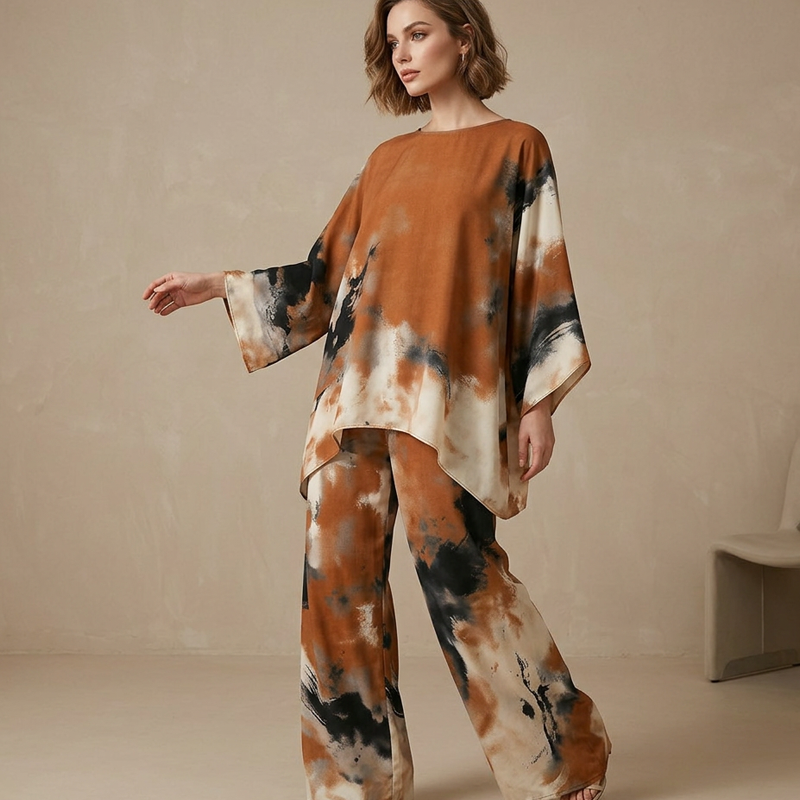 Set Pantaloni și Top cu Imprimat Abstract și Tăietură Evazată-3