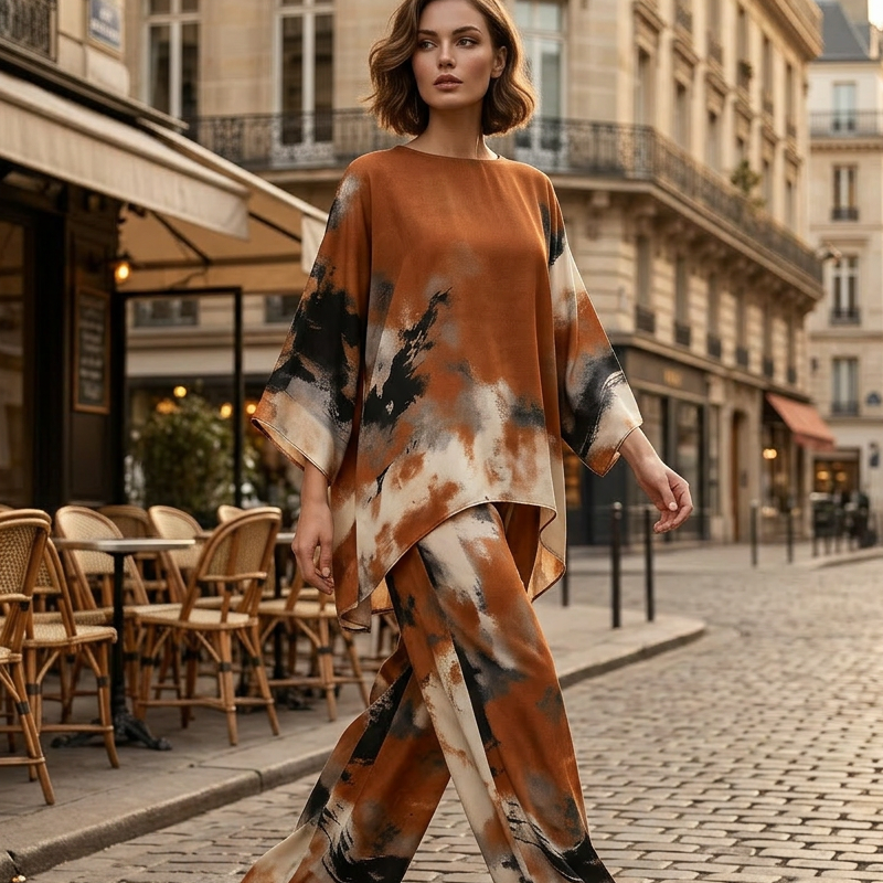 Set Pantaloni și Top cu Imprimat Abstract și Tăietură Evazată-6