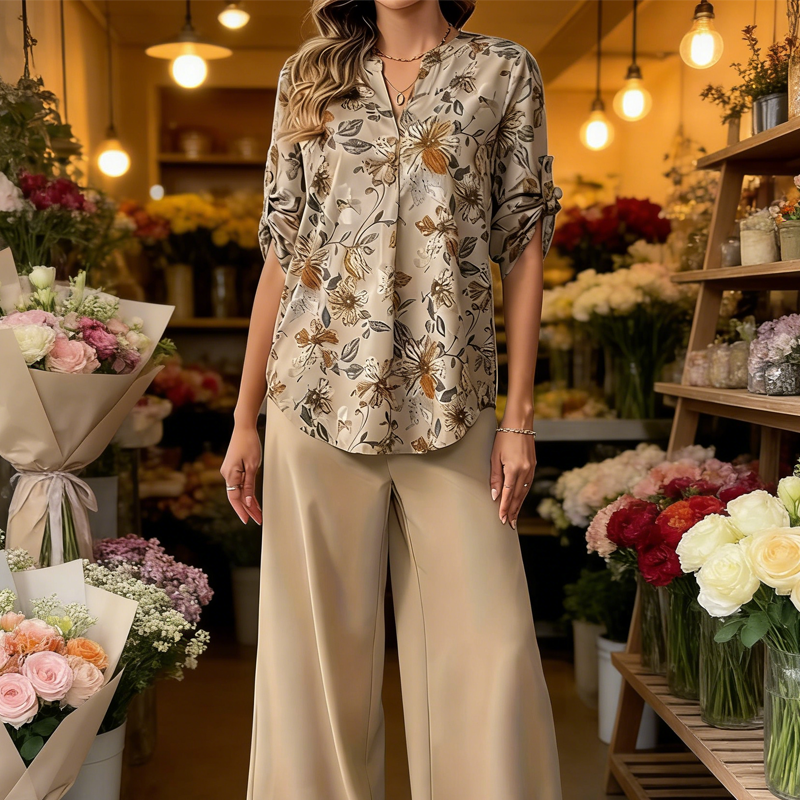 Set de bluză florală și pantaloni largi pentru femei, în 2 piese-1