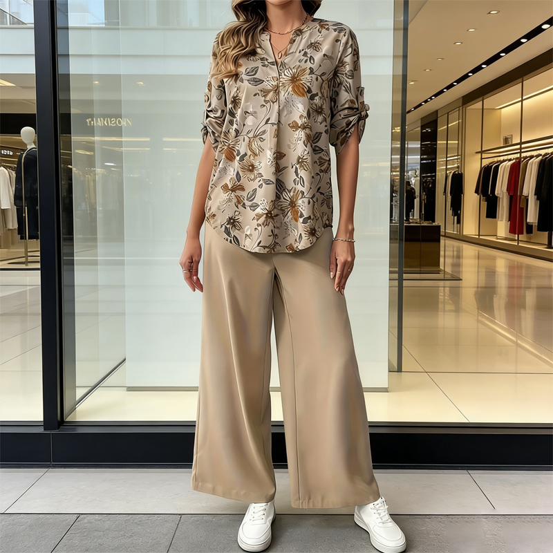 Set de bluză florală și pantaloni largi pentru femei, în 2 piese-2