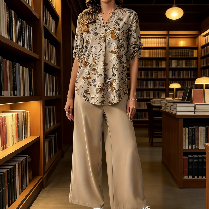 Set de bluză florală și pantaloni largi pentru femei, în 2 piese-7