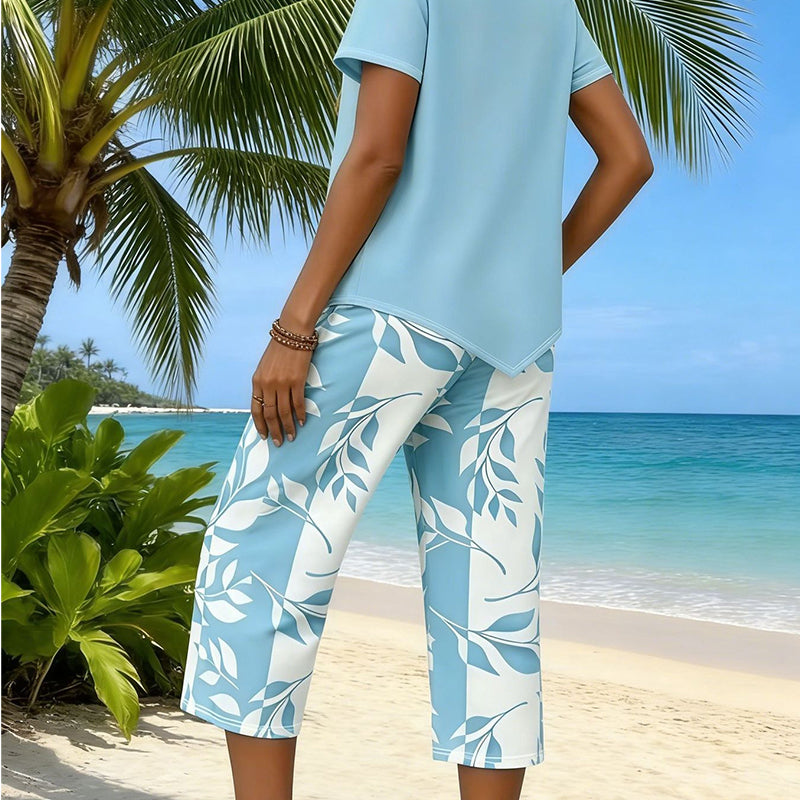 😍 Set de două piese pentru femei: bluză asimetrică și pantaloni trei sferturi-9