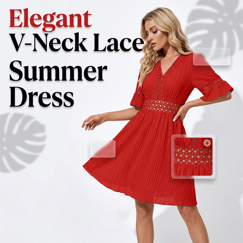 🌸Chic V-Neck Dress with Lace Cutout Details✨ Step Into Summer In Style-6