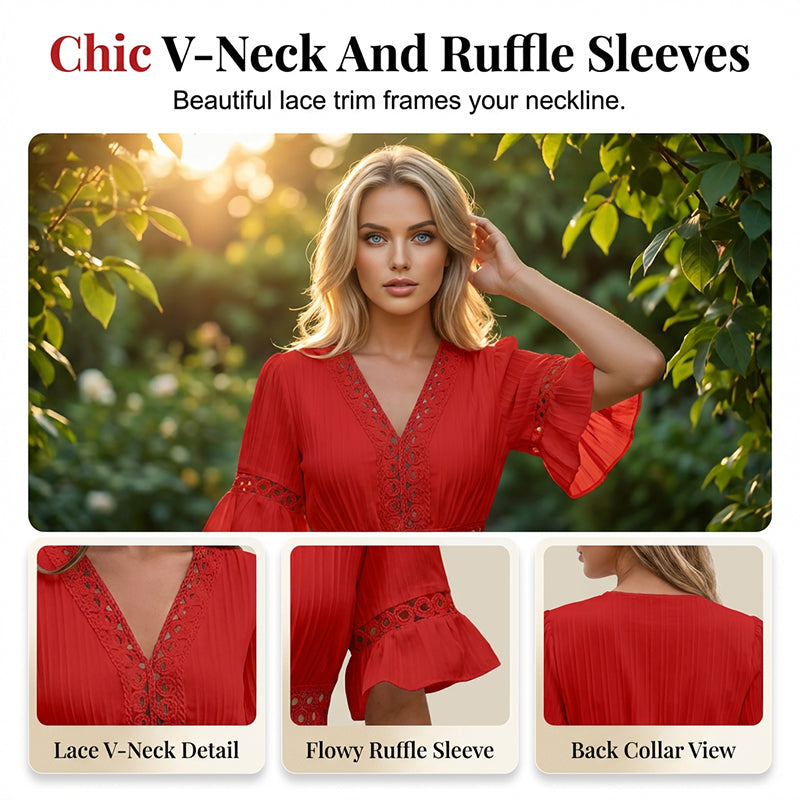 🌸Chic V-Neck Dress with Lace Cutout Details✨ Step Into Summer In Style-9
