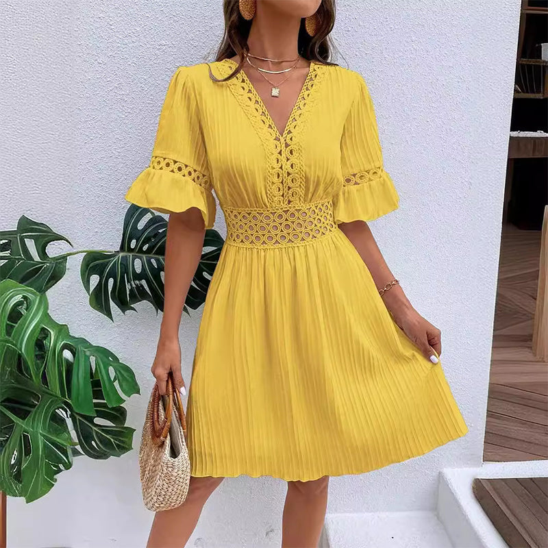 🌸Chic V-Neck Dress with Lace Cutout Details✨ Step Into Summer In Style-17