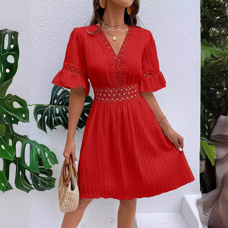 🌸Chic V-Neck Dress with Lace Cutout Details✨ Step Into Summer In Style-16