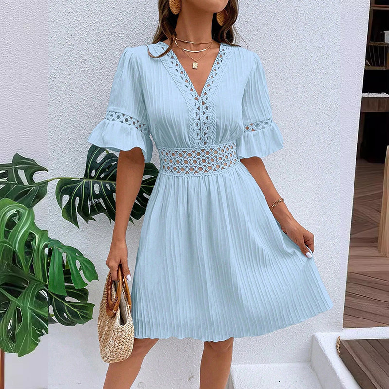 🌸Chic V-Neck Dress with Lace Cutout Details✨ Step Into Summer In Style-18